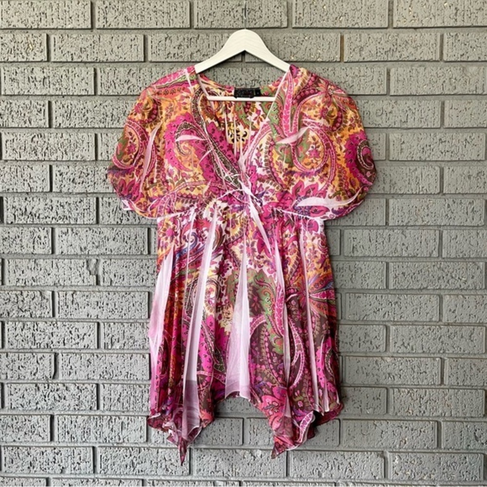 Vintage Y2K Fairycore Top Asymmetrical Handkerchief Hem Paisley Top Size Medium
